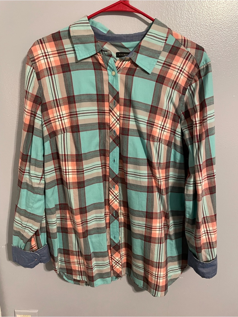 Talbots Aqua and Pink Coral Plaid Button-Front Shirt